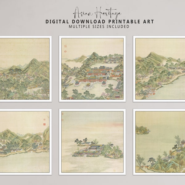 Set of 6 Ancient China Palace Gallery Wall | Vintage Square Horizontal Printable Download Asian Oriental Antique Architecture Decor | 169