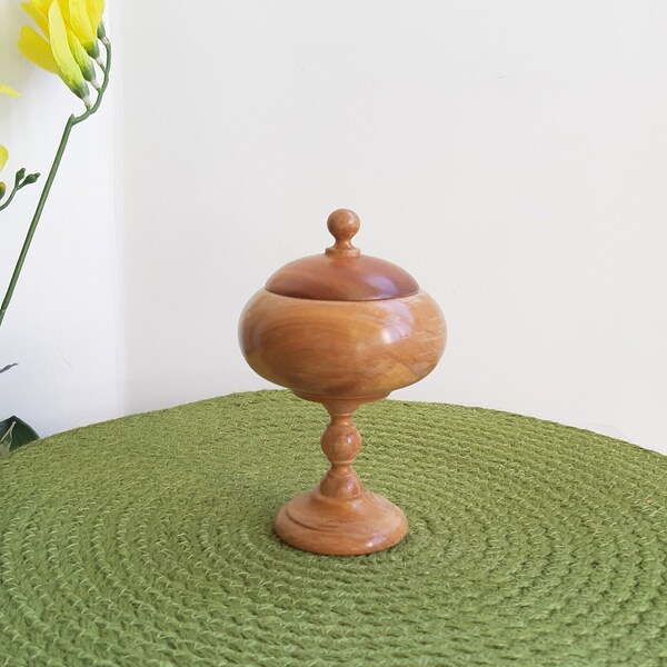 Vintage wooden bowl with pedestal, bowl with lid, retro rustic decor.