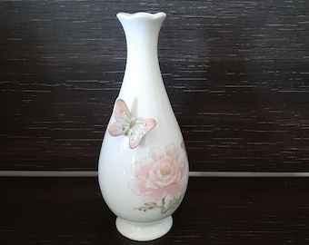 Vintage porcelain vase .Small vase with butterfly. Retro flower stand.