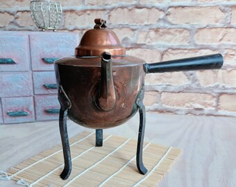 Vintage Swedish copper teapot, old teapot with metal legs and handle, kitchen scandinavian utensils, retro rustic decor
