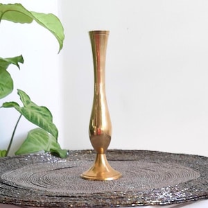 Vintage brass vase, thin-stemmed brass flower stand, vintage brass objects.