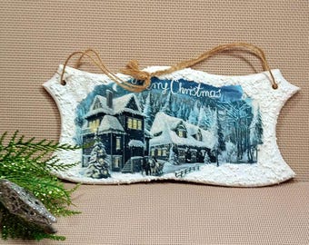 Christmas wooden panel. A Christmas gift suitable for a child. Decoupage of a winter picture. Handmade panel.
