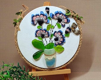 Painted Sea Glass Picture,Sea glass art. Wooden circular panel with flowers. Glass bouquet, Sea glass art