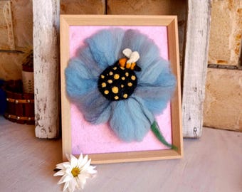 Needle Felted Flower with Bee, Framed Fiber Art, Blue Floral Wall Decor