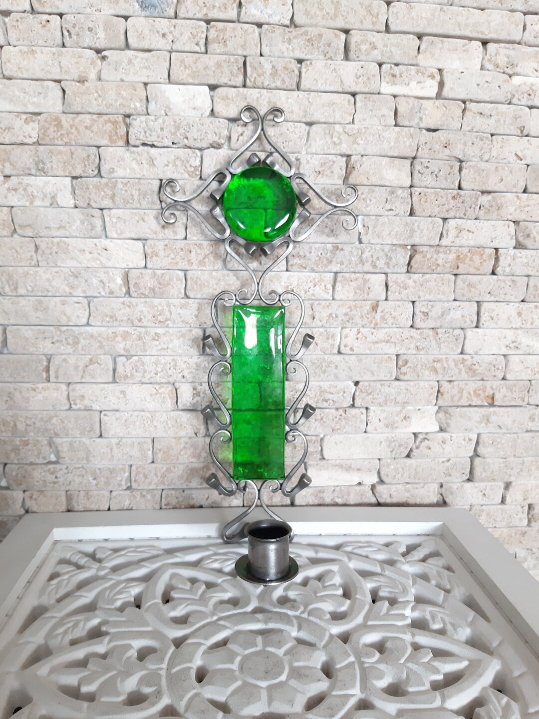 Wrought Iron Candle Holder With Glass Inlay. Retro Metal Etsy