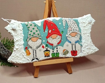 Christmas wall sign. Decoupage of gnomes. Handmade panel. Christmas decoration