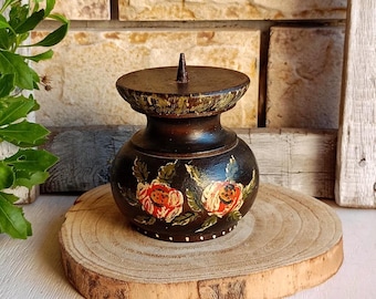Hand-Painted Wooden Candlestick, Vintage Floral Decor, Rustic Home Accent
