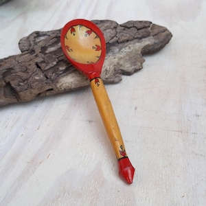 Vintage hand painted spoon, Khokhloma wooden spoon.