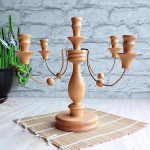 Vintage wooden chandelier type candlestick, wood and metal candlestick, retro candlestick from the 80s.