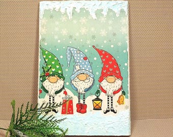 Wooden sign. Christmas decorations. Wall decor. Decoupage of dwarfs. Handmade panel. Christmas gift.