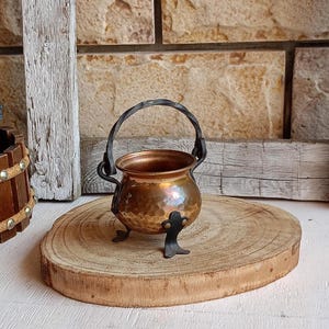 Peut inclure: Un petit chaudron en cuivre martelé de forme ronde, doté d'une anse en métal torsadé foncé et de trois pieds décoratifs en métal noir. La surface métallique présente une finition chaude et réfléchissante avec des marques de martelage.