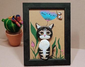 Cat with pebbles, Painted stones,Cat lover, Cat frame