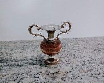 Decorative onyx and metal vase, vintage small natural stone vase, stone vase with handles, vintage souvenir
