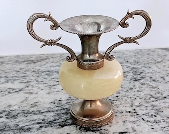 Vintage Onyx & Metal Vase, Small Stone Amphora, Souvenir Decor