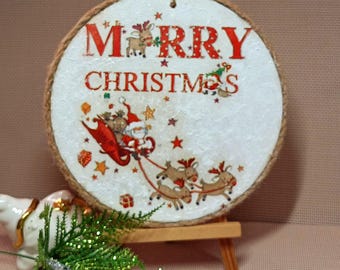 Wooden Christmas sign. Hanging round wall sign. Christmas decor.