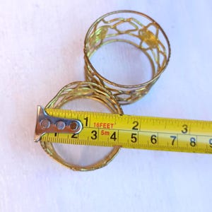 Pu&ograve; includere: Due anelli portatovaglioli color oro con un design traforato. Un metro a nastro mostra che un anello ha un diametro di circa 3,8 cm. Gli anelli hanno un motivo decorativo intrecciato, che suggerisce uno stile vintage o artigianale.