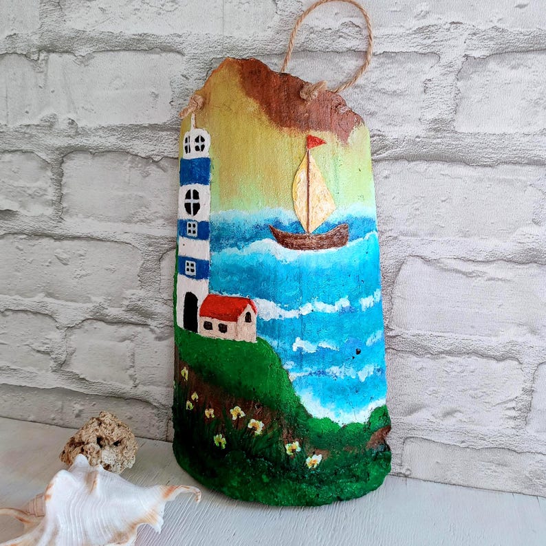 Decorated Clay Tile, Painted Tile, Seascape, Wall Decor image 1