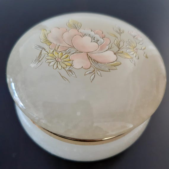 Vintage Hand Carved Genuine Alabaster Jewelry Box, Made in