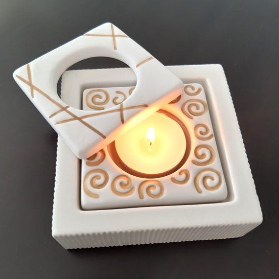Ceramic square candle holder. Candlestick with double decor. Scandinavian retro candle holder.