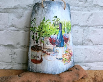 Decoupage on clay tiles. Old decorated brick.  Home decor