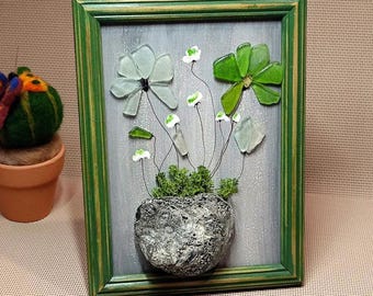 Sea glass painting. Wooden frame with flowers. Glass bouquet,Sea glass flowers
