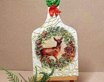 Christmas wooden board. Christmas decorations. Wall decor. Decoupage of a doe. Handmade mini board. Christmas gift.