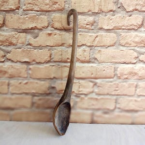 Può includere: Un mestolo in legno a manico lungo con finitura marrone scuro e un gancio curvo sulla parte superiore del manico. La coppa del mestolo è profonda e arrotondata, mostrando venature naturali del legno lungo l'intero utensile da cucina.