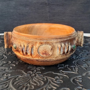 Primitive Wooden Bowl Leather Wrapped Bowl Primitive Rustic Tableware Wooden Utensils Vintage Rustic Decor.