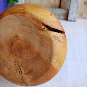 May include: A round, light brown wooden bowl featuring a smooth, polished surface with visible natural wood grain patterns. The bowl displays two distinct, dark, narrow fissures or cracks in the wood, adding texture to the circular form.