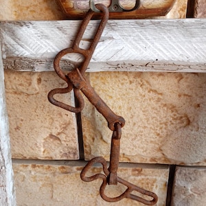 May include: A rusted metal horse bit featuring two articulated side pieces with irregular, looped shapes connected by a central straight bar. The iron surface shows significant oxidation with a textured, dark brown and orange patina throughout.