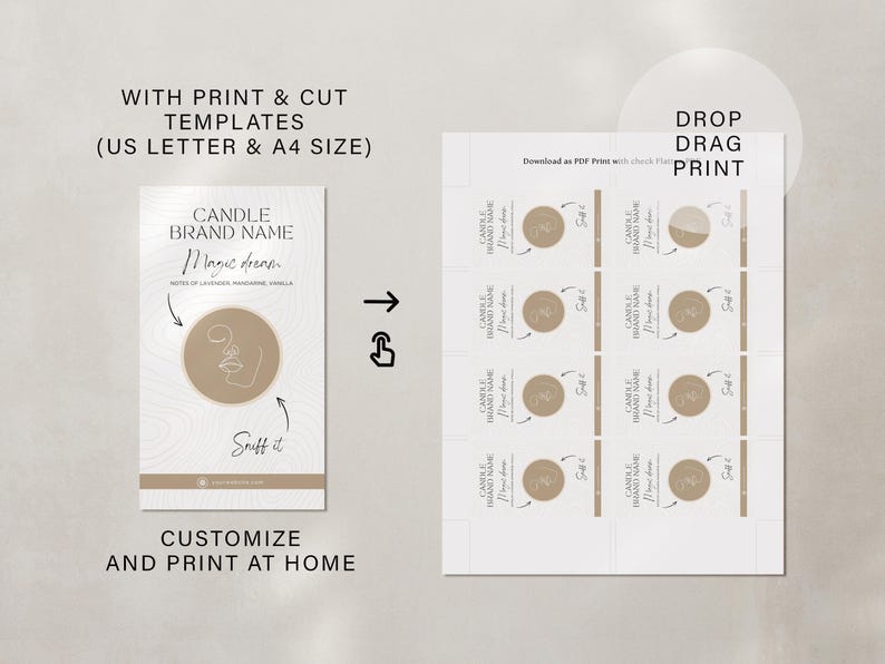 May include: Printable candle label template with the text "Candle Brand Name" and "Magic Dream" with a line drawing of a candle and the words "Sniff it". The template is designed to be printed and cut out for use on candle jars. The image also shows a set of printable labels with circles for adding your own designs.