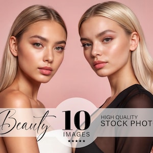 May include: Two women with long blonde hair, wearing minimal makeup, looking at the camera. The women are standing side-by-side against a light pink background. The text "Beauty 10 IMAGES" is in the lower center of the image. The text "HIGH QUALITY STOCK PHOTOS" is in the lower right corner of the image.