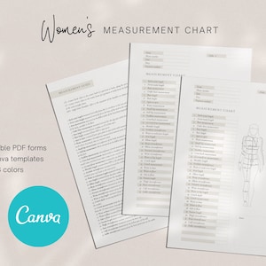 May include: A printable measurement chart for women's clothing with a guide for taking measurements. The chart includes a line drawing of a woman with labeled body measurements. The chart is designed to be used with Canva and is available in three colors.