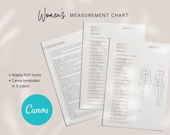 Lichaamsmetingstabel | Dames vrouwelijke sjabloon modeontwerper |  Invulbaar pdf-formulier |  Meetgids: