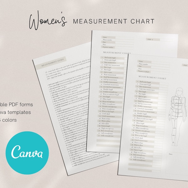 Body Measurement Chart  | Women Female Template Fashion Designer  |  PDF fillable form  |  Measurement Guide