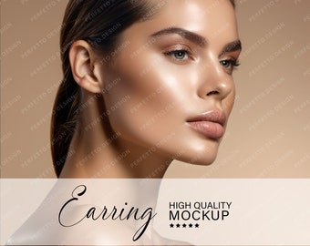 May include: A close-up of a woman's face with glowing skin. The woman is wearing a simple earring. The text "Earring" and "HIGH QUALITY MOCKUP" is visible in the image.