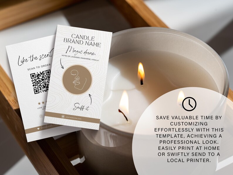 May include: A candle label template with a minimalist design. The label features a QR code, a stylized illustration of a nose sniffing a candle, and the text "CANDLE BRAND NAME Magic Dream NOTES OF LAVENDER, MANDARINE, VANILLA Sniff it". The label is printed on white cardstock and has a textured background.