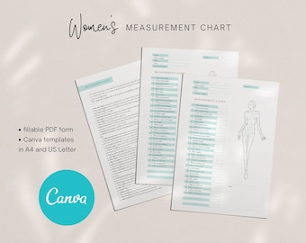 Lichaamsmetingstabel | Dames vrouwelijke sjabloon modeontwerper |  Invulbaar pdf-formulier |  Meetgids: