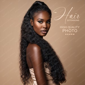 Op de afbeelding: Een close-up foto van een vrouw met lang, donker, golvend haar. Het haar is gestyled in een hoge paardenstaart. De achtergrond is lichtbruin. De tekst "Hair Extensions" en "High Quality Photo" is zichtbaar in de afbeelding.