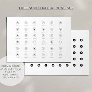 May include: A set of black and white social media icons in circles. The icons include Facebook, Instagram, LinkedIn, Pinterest, TikTok, Twitter, YouTube, and more. The text "FREE SOCIALMEDIA ICONS SET" is at the top of the image. The text "COPY & PASTE SYMBOLS FROM FILES TO CUSTOMIZE YOUR CARDS" is at the bottom of the image.