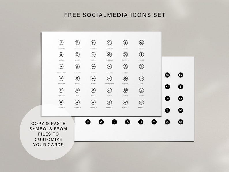 May include: A set of black and white social media icons in circles. The icons include Facebook, Instagram, LinkedIn, Pinterest, TikTok, Twitter, YouTube, and more. The text "FREE SOCIALMEDIA ICONS SET" is at the top of the image. The text "COPY & PASTE SYMBOLS FROM FILES TO CUSTOMIZE YOUR CARDS" is at the bottom of the image.