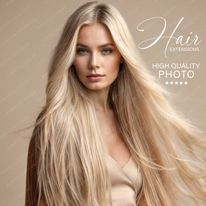 Op de afbeelding: Een vrouw met lang, golvend blond haar. Het haar is gestyled in een rechte, gladde stijl. De achtergrond is lichtbruin. De tekst "Hair Extensions" en "High Quality Photo" is zichtbaar in de afbeelding.