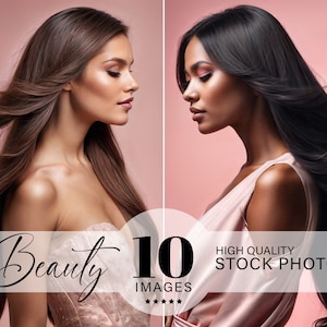 Puede incluir: Dos mujeres con el pelo largo y suelto, una con el pelo castaño y otra con el pelo negro, son fotografiadas sobre un fondo rosa. El texto "Beauty 10 IMAGES" y "HIGH QUALITY STOCK PHOTOS" se superpone a la imagen.