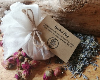 Scented herbal bag, dried Lavender and Rose, bath soak t-bag, natural flower bag, spa, drawer scenters, wardrobe scent, natural, cottagecore