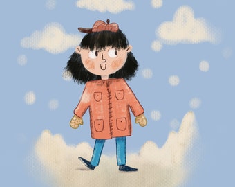 Dreamy Blue Sky with Clouds and Cute Girl in Orange Coat