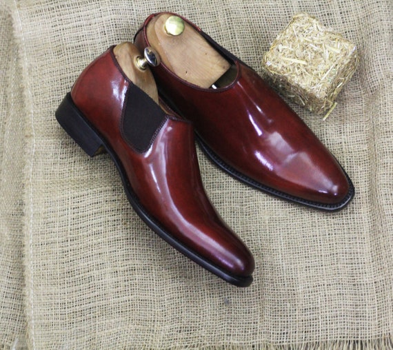 Bespoke Pure Handmade Burgundy Color Genuine Leather Chelsea Shoes