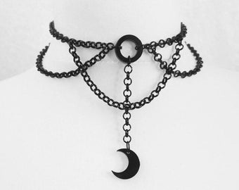 Black Crescent Moon Gothic Witch Choker Necklace Metal Chain #C9930