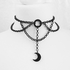 Black Crescent Moon Gothic Witch Choker Necklace Metal Chain #C9930
