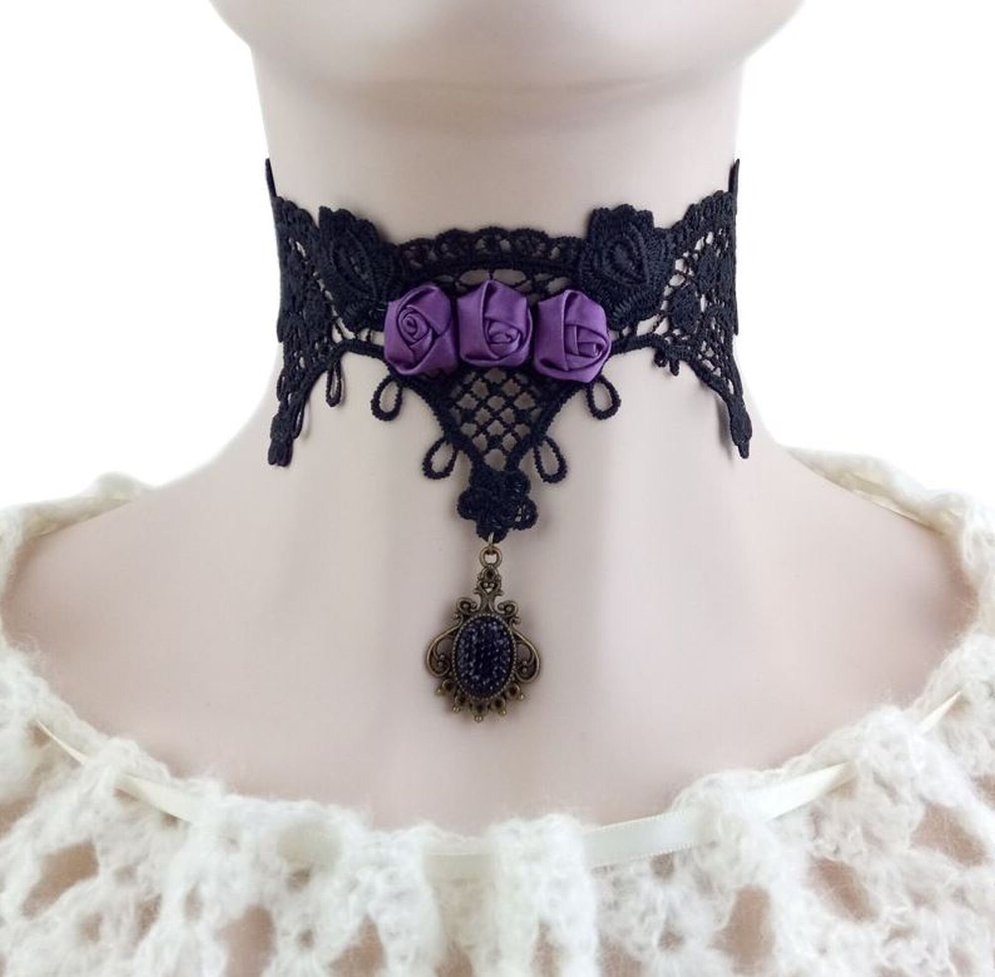 Copper Filigree Moon Black Ribbon Choker Necklace - Gothic Grace Inc