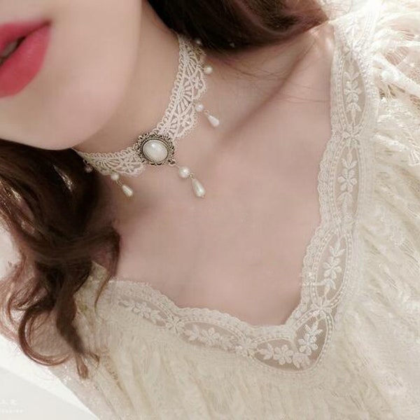 White Pearl Water Drop Bead Lace Choker Necklace Neck Wrap #RT10